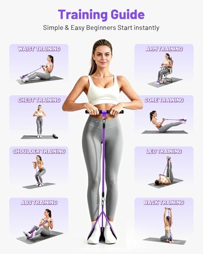 Multifunction Pedal Resistance Band with Handle, 4 Tubes 30/40/50LB Adjustable Foot Pedal Puller Resistance Band with Foam Handle& Storage for Men Women Core, Arm, Legs, Body Workout Home Gym, Purple