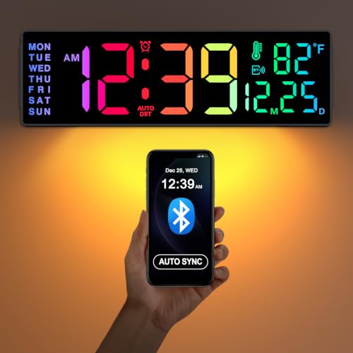 Soobest 14.2 Inch Digital Wall Clock with Bluetooth, LED Large Display | Time, Date, Temp Auto Sync, Remote Control, Gym Countdown Timer & 12 RGB Colors for Classroom, Multicolor Nightlight, Plug In - color: 14.2" Multicolor