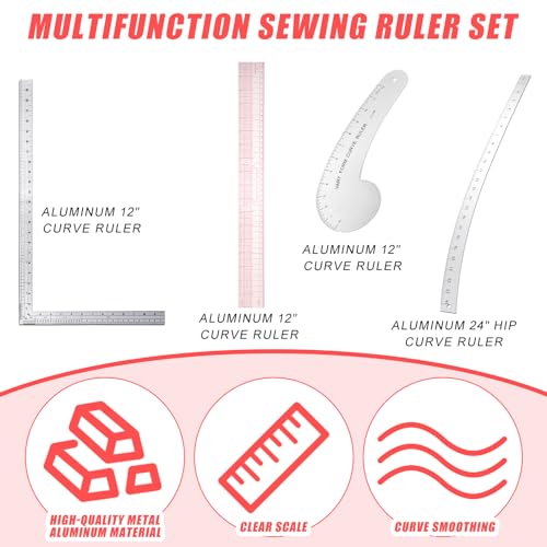 Xuhal 4 Pcs Fashion Sewing Ruler with French Curves Aluminum Designers Ruler Kit Includes Curve Ruler, Hip Curve Ruler, L Square Curve Ruler and Plastic Grading Ruler for Design Crafts Sewing