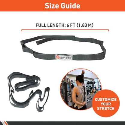 Body Sport Static Stretch Strap, 6 ft. Long - Durable Woven Tool for Home Fitness & Gym with Loops for Yoga, Stretching, Physical Therapy & Rehab