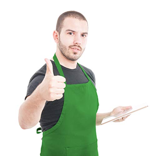 Total 15 PCS Green Plain Bib Aprons Bulk for Women Men-Unisex Adult Aprons with 2 Front Pockets (Leaf Green-15 pcs) - color: Leaf Green-15 Pcs