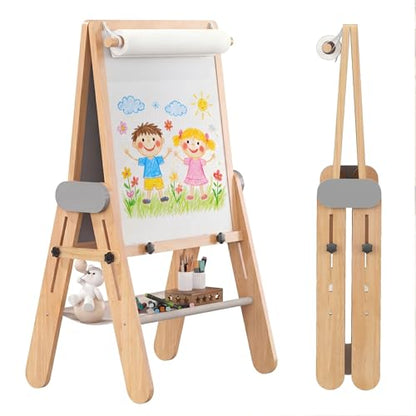 3-In-1 Folding Kids Art Easel - Double-Sided Foldable Wooden Art Easel with Chalkboard & Whiteboard, Height Adjustable, Portable Art Station with Paper Roll Holder, Ideal Gift for Girl & Boy - style: Folding Easel