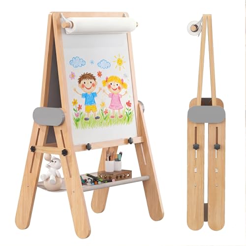 3-In-1 Folding Kids Art Easel - Double-Sided Foldable Wooden Art Easel with Chalkboard & Whiteboard, Height Adjustable, Portable Art Station with Paper Roll Holder, Ideal Gift for Girl & Boy - style: Folding Easel