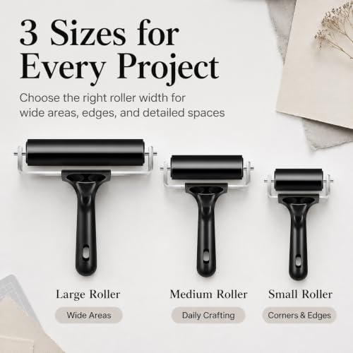 PhotonOcean 3-Pack Rubber Brayer Rollers for Crafting, Printmaking | Hard rubber craft rollers (2.4", 4", 7.9") for gluing, stamping, wallpaper and vinyl application.
