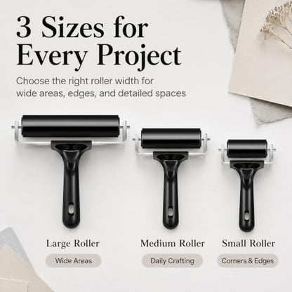 PhotonOcean 3-Pack Rubber Brayer Rollers for Crafting, Printmaking | Hard rubber craft rollers (2.4", 4", 7.9") for gluing, stamping, wallpaper and vinyl application.