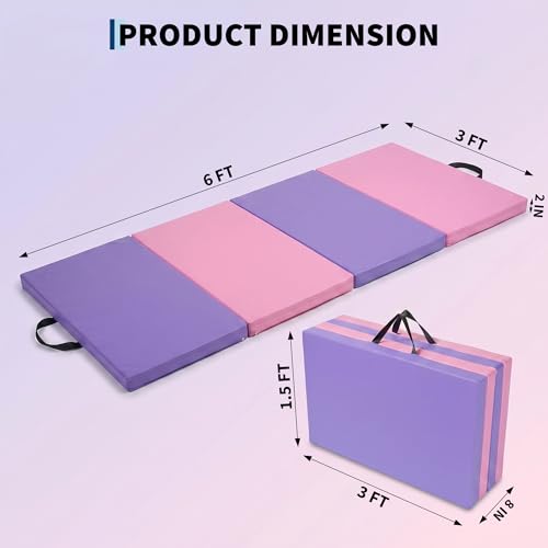 Garvee Gymnastics Mat, 6.2Ft 2-Inch Thick 4-Fold | Exercise Floor Mat for Home Gym, Portable Yoga Mat for Pilates, Aerobics, Martial Arts & Training - size: 6x3Ftx2"-Pink-Purple