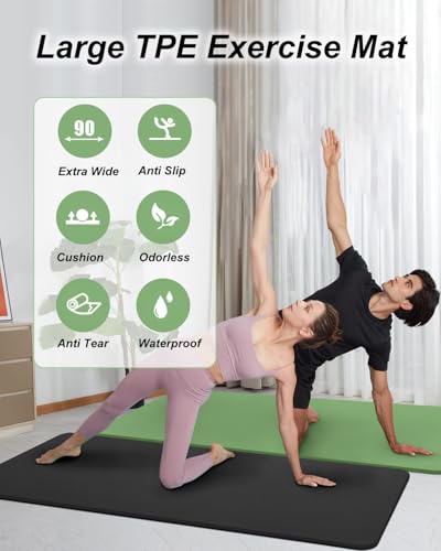 YR Large Exercise Mat 76"x35" 10mm Thick TPE Yoga Mat Non Slip | Workout mats, home gym, anti-tear, easy-to-clean, odor-less, excellent cushion, with yoga bag - color: Black