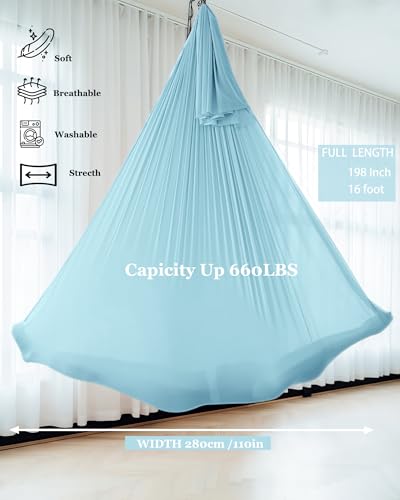 F.Life Aerial Silk Yoga Hammock & Swing for yoga Inversion,Strength training,starter hardware kit - color: Lake blue