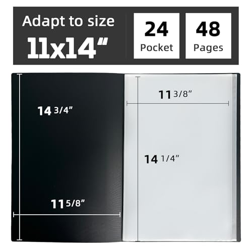 11x14 Black Art Portfolio Folder Displaying 48 Pages with Plastic Sleeves | 24-Pocket Presentation Book Binder For Artwork Storage Featuring Dark Inner Paper Inserts Protective Document Archival Holder - color: Black, size: 11*14