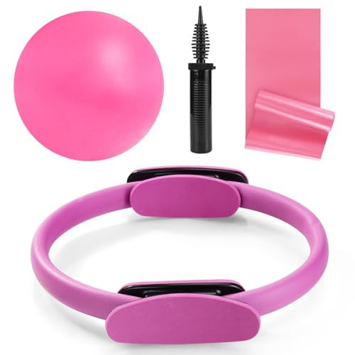 Tsikavo Pilates Ring, Pilates Ring Circle and Ball Set, 12 Inch Magic Circle Pilates Ring,9 Inch Small Exercise Ball,Resistance Bands Set, Home Pilates Equipment for Women - color: Pink