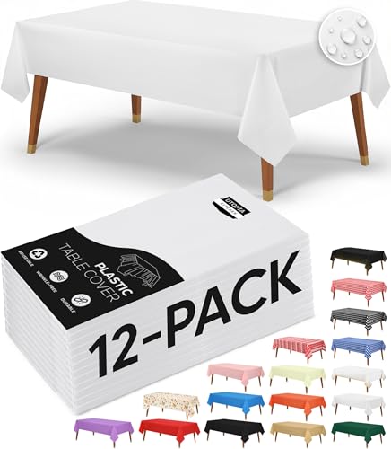Utopia Kitchen Plastic Table Cloth Disposable [White, 12 Pack] | 54x108 Inch Rectangle Tablecloth Waterproof Stain Resistant Party Table Cover - color: White, size: 54X108 Inch - 12PC