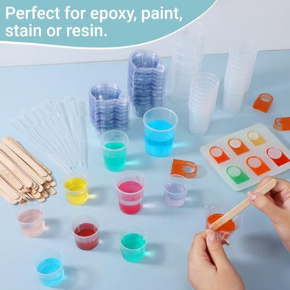 Resin Mixing Cups and Sticks, 110 Packs Epoxy Measuring Cups Kit - 60PCS 100ml Disposable Graduated Cups, 50PCS Wooden Stir Sticks for Mixing Paint, Stain, Epoxy, Resin - color: Clear cups+wooden stick, size: 50ml