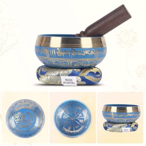 Kmise Tibetan Singing Bowls Set- Handmade in Nepal Meditation Sound Bowls for Yoga, Meditation, Mindfulness, Healing and Chakra Balancing, Stress Relief (3.5', Blue) - color: 3.5inch Blue