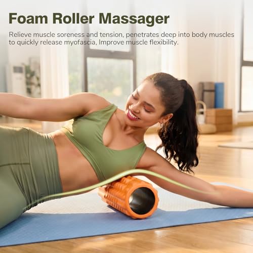 5 in 1 Foam Roller Set for Muscle Recovery & Deep Tissue Massage | Textured Grid Foam Roller with Massage Stick, Massage Ball, Resistance Band for Back Pain, Physical Therapy, Orange - color: Orange