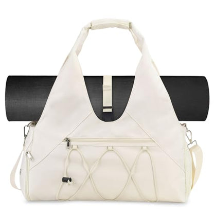 Forestfish Gym Bag For Women With Yoga Mat Holder, Beige | Shoe Compartment, Wet Dry Storage Pocket, Removable Shoulder Strap, Lightweight & Water Resistant - color: Beige