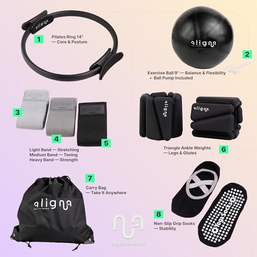 Aligna Pilates Essential Kit | Complete Home Workout Set for Balance, Flexibility & Strength | 8-Piece Set with Pilates Ring, Exercise Ball, Resistance Bands, Ankle Weights, Grip Socks & Carry Bag