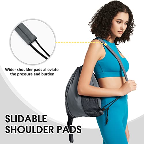 WANDF Drawstring Backpack, Gym String Bag with Shoulder Pad - color: M, Grey, size: Medium