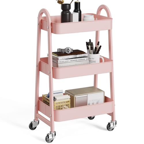 OLIXIS Metal Rolling Storage Utility Cart with Lockable Wheels 3 Tiers - color: Light Pink, size: 3-Tiered 17 inches