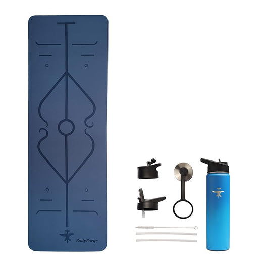 BodyForge Yoga Mat Thick Exercise Mat Thick 8mm TPE Eco-Friendly with Alignment Marks Non-Slip Extra Thick High-Density for Women Men Workout Pilates & Sports Water Bottle Bundles - color: Blue/Light Blue, size: 24oz Bottle