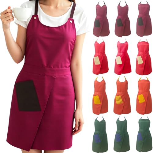Kitchen Apron with Pockets for Adults,Waterproof Cooking Aprons for Women/Men,Baking/Grilling,Green/Orange/Wine Red - color: Wine Red, size: round neck