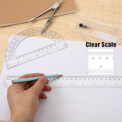 JJUNW Geometry Set, 3 Pcs Geometry Tools with Drawing Compass 12Inch Clear Plastic Ruler Protractor Math Ruler for School Office Math Drawing Drafting Engineering Architecture Art