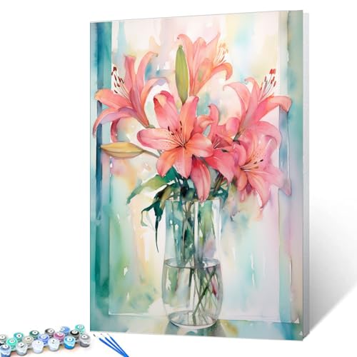 Tucocoo Pink Lily Flower Paint by Numbers Kits 16x20 inch Canvas DIY Oil Painting for Adults with Brushes and Acrylic Pigment - Blooming Floral Vase Picture for Home Decor Gifts (Without Frame) - color: Artwork-8, size: 16''x20''(Without Frame)