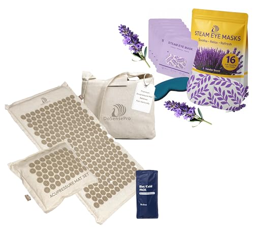 Premium, Advanced Acupressure Mat & Pillow Set with Hot/Cold Gel Pack (Natural Linen) + Lavender Self‑Heating Steam Eye Mask for Pain Relief, Sleep Aid & Recovery
