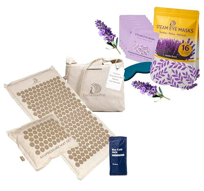 Premium, Advanced Acupressure Mat & Pillow Set with Hot/Cold Gel Pack (Natural Linen) + Lavender Self‑Heating Steam Eye Mask for Pain Relief, Sleep Aid & Recovery