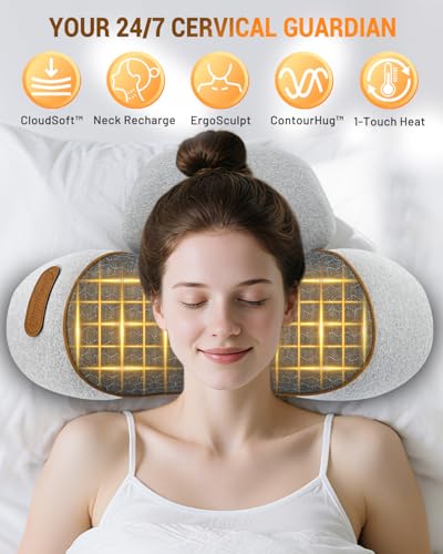 3-in-1 Massager Pillow with Heat, Vibration & Airbag Cervical Traction, Shoulder Relaxer, Ergonomic Memory Foam Support for Neck Hump, Home Office, Gray