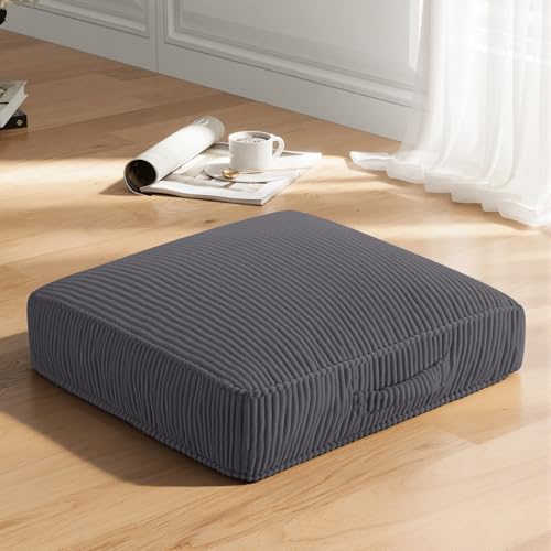 Floor Pillow for Adults, 22"x22" Square Floor Cushions | Large Meditation Pillow, Tatami Seat with Handle for Living Room or Yoga, Corduroy, Washable Cover, Dark Grey - color: Dark Grey, size: 22x22x4.2 inch