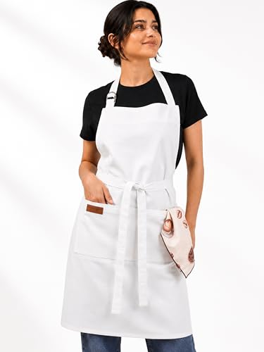 100% Cotton Kitchen Apron with 2 Pockets – Adjustable Chef Apron for Cooking Baking BBQ – Unisex Apron - color: White