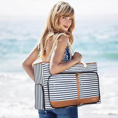 Beach Bag for Women - 35L Large Tote Bag, Waterproof & Sandproof, Zippered Carry On Bag for Pool, Beach & Travel - color: Striped
