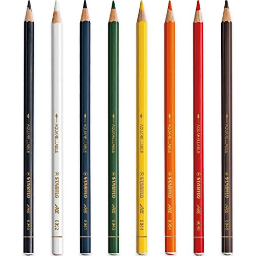 STABILO All Watercolour Effect Pencil - Assorted Pack of 8 Pencils - Black, White, Blue, Green, Yellow, Orange, Red & Brown