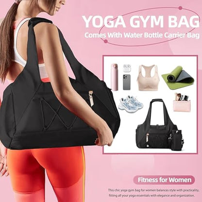 Gym Bag for Women, Yoga Mat Bag with Shoe Compartment and Wet Pocket, Sport Yoga Gym Bag with Yoga Strap, Carryall Yoga Tote Bag - color: Black