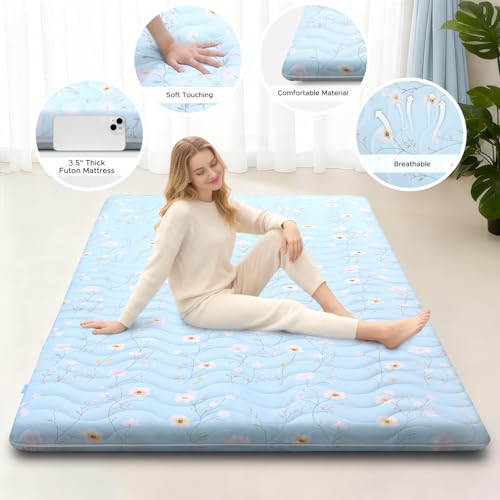SCHNAUZER HOME Japanese Futon Floor Mattress Twin 3.5" Thick Floral Pattern | Foldable Mattress Tatami Mat Sleeping Pad, 100% High Density Foam, Roll Up Floor Lounger for Living Room RV - color: Floral Light Blue, size: Twin( 80 x 39 )