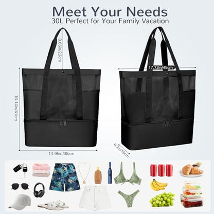 Mesh Tote Beach Bag with Leakproof Wet Compartment - color: Black