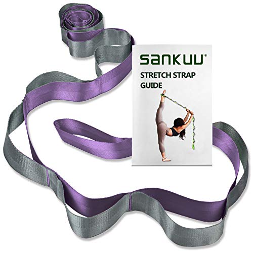 SANKUU Yoga Straps Stretching Strap with 12 Loops Workout Poster, Straps for Stretching Physical Therapy Equipment Long Stretch Out Bands for Exercise, Pilates and Gymnastics for Women Men - color: Purple+Grey