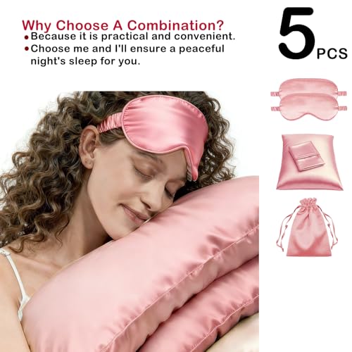 5Pcs Silky Sleep Mask Eye Masks Breathable Soft Satin Pillowcases Set for Sleeping Similar to Silk Pillowcase Travel Gift - color: Pale Rose-queen Size