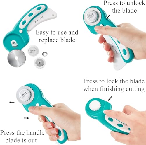 Rotary Cutter Set - Quilting Kit incl. 45mm Fabric Cutter, 5 Replacement Blades, A1 Cutting Mat, Acrylic Quilting Ruler and Sewing Clips, Craft Knife Set, Ideal for Crafting, Sewing, Patchworking - color: Turquoise, size: A1 Rotary Cutter Set