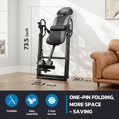 YOLEO Inversion Table for Back Pain w/Removable Lumbar Pad ITX320 | w/ Reversible Ankle Holders, Foldable, Easy Assembly - color: Grey - Black Tube