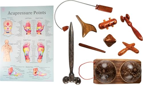 CCcollections Traditional Wooden Massage Reflexology Professional toolsets with accupreasure Charts (J 9SET, 1, Count) - size: J 9SET
