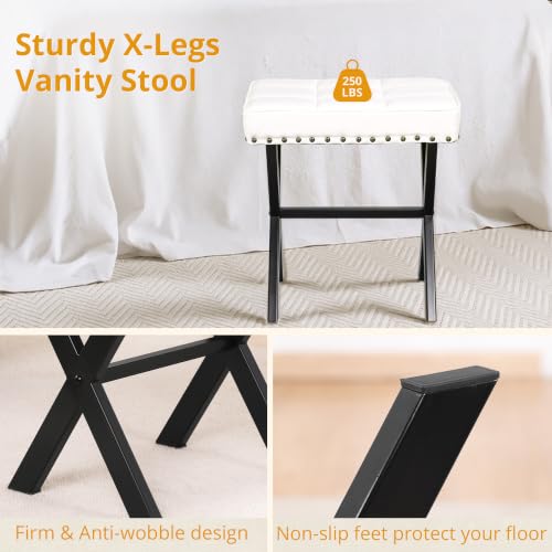 LUE BONA White Vanity Stool - Square Faux Leather Makeup Seat With Metal X Legs, Small Ottoman Chair for Makeup Room, Living Room, Bathroom - Padded Foot Rest - color: White Color
