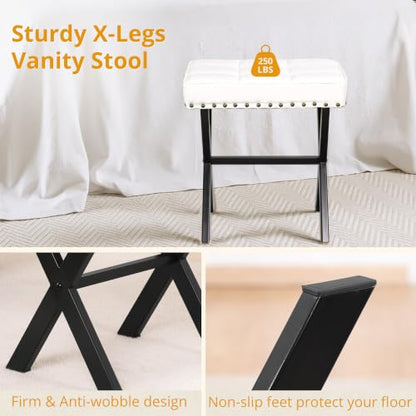 LUE BONA White Vanity Stool - Square Faux Leather Makeup Seat With Metal X Legs, Small Ottoman Chair for Makeup Room, Living Room, Bathroom - Padded Foot Rest - color: White Color