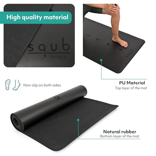 Yoga Mat Thick 5mm – Non Slip Exercise Mat Workout Surface, PU Natural Rubber Grip, Extra Large 183x68 cm Wide Design, Pilates Fitness Training, Includes Strap & Carry Bag - color: BLACK