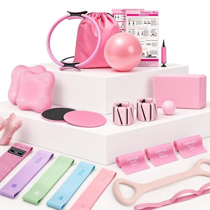Pilates Kit, Home Pilates Equipment for Women, Workout Kit with 14.5" Pilates Ring and Ball,Yoga Block, Yoga Knee Pad Mats, Resistance Bands, Ankle Weights, Sliders & Grip Socks Accessories