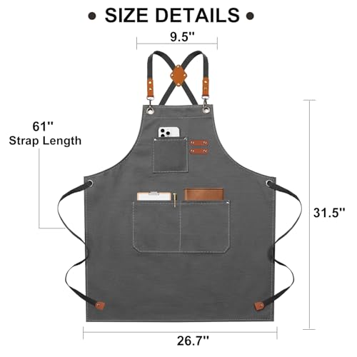 ZOMAO Chef Apron for Women Men with Large Pockets, Cotton Canvas Cross Back Waterproof Work Aprons for Kitchen Cooking Bib - color: Grey