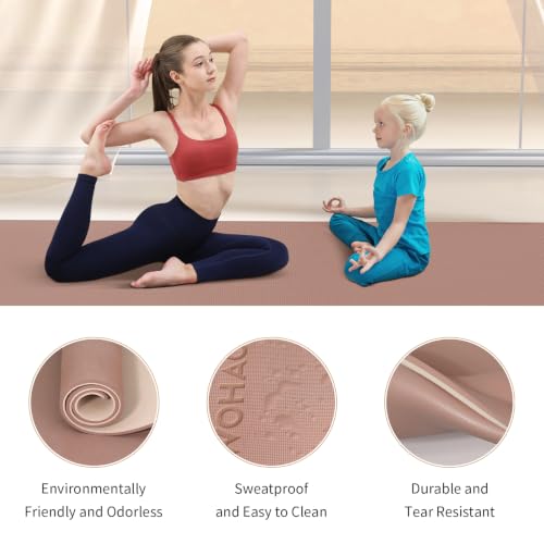 8mm Extra Wide 80cm Yoga Mat Non Slip | Spacious 80cm x 72" mat for tall users, gym, pilates. POE, reversible dual-color, non-slip, tear-proof, odorless, strap. - color: Brown+Apricot