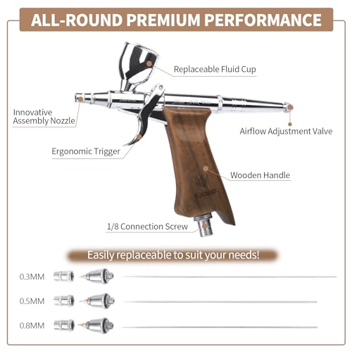 Airbrush Guns for Painting, Double Action Trigger Airbrush Kit with 0.3mm/0.5mm/0.8mm Needles/Nozzle Sets, Replaceable Fluid Cup, Airbrush Spray Set for Painting Nails Cake Tattoo - color: W001-Walnut
