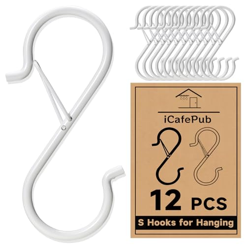 12 PCS S Hooks for Hanging with Safety Buckle, Heavy Duty Metal S Hooks | 3.5 inch S Shaped Hanger Hooks for Hanging Kitchen Utensil, Cups Pots Pan Closet Plants Purse Bags Hats (White) - color: White