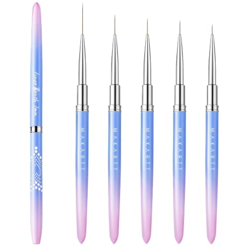 Makartt Nail Art Brushes Set: 5pcs Liner Brushes 7/9/11/15/25mm Thin Nail Art Design Brush with Cap Nail Polish Brush for Builder Gel 3D Nail Gel French Tip Tool Nail Painting | 7/9/11/15/25mm Thin Precision Tips, Ideal for 3D gel, Builder Gel, French Tip